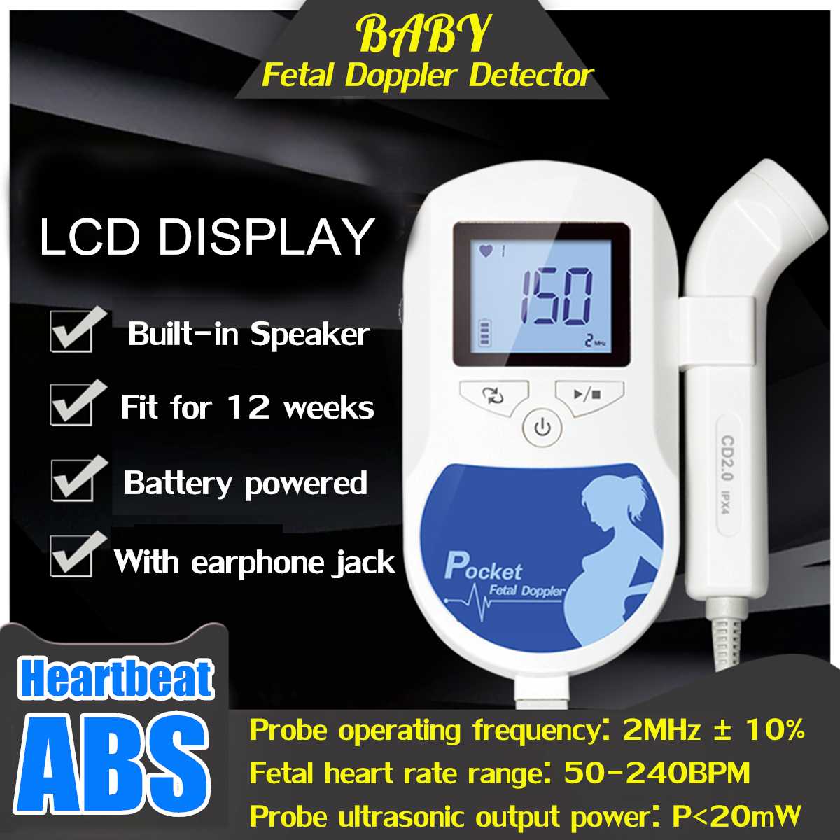 Household Fetal Doppler Detector LCD Display Baby Heartbeat Sound Monitor Health Prenatal Probe Health Care Meter Pocket Doppler