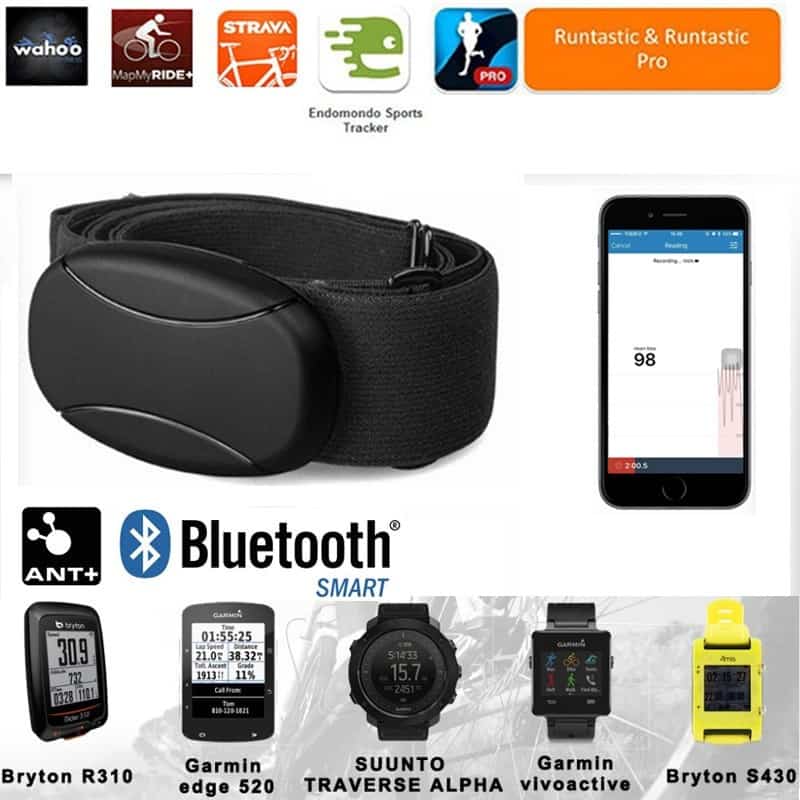 Fascia Cardio con fascia toracica nero intelligente Bluetooth e ANT + compatibile con molti orologi sportivi Garmin Polar