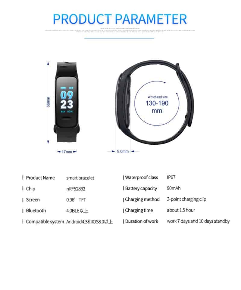 Color Screen C1S Smart Bracelet Waterproof Heart Rate Monitor Health Fitness Tracker Bluetooth Smart Watch for Sport PK MI Band4