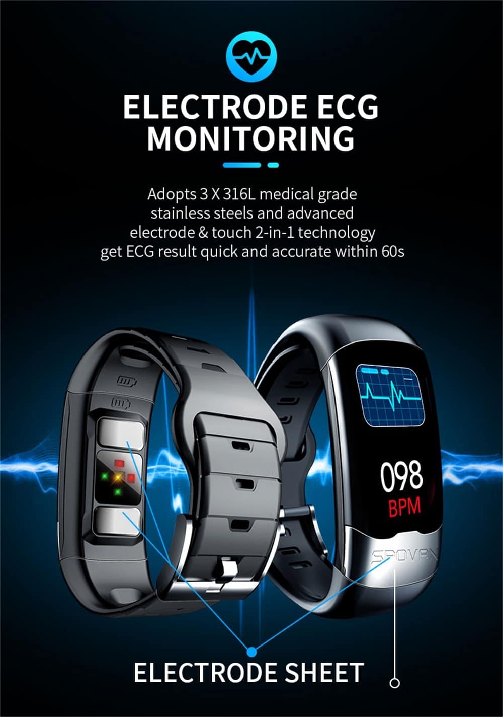 Spovan Smart Band ECG PPG HRV Cardio Monitor Bracelet Pedometer Blood Pressure Sport Activity Tracker Smart Wristband Men Women