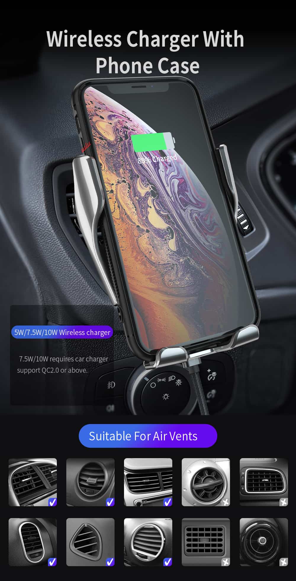 FDGAO 10W Automatic Clamping Fast Wireless Car Charger For iPhone 11 XS X XR 8 Samsung S10 S9 S8 Air Vent Mount Car Phone Holder