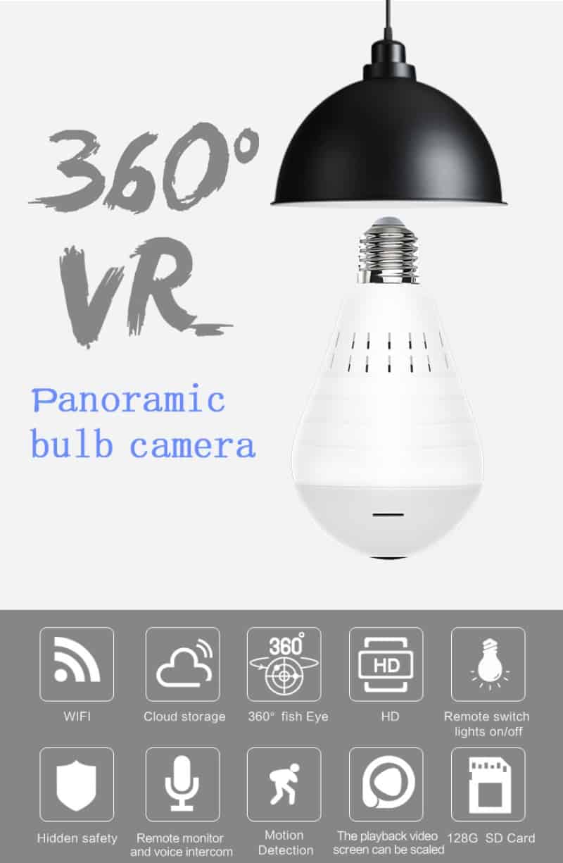 960P Wifi Panoramic Camera Bulb Fisheye Wireless Home Security Video Surveillance Night Version Two Way Audio for Home Security