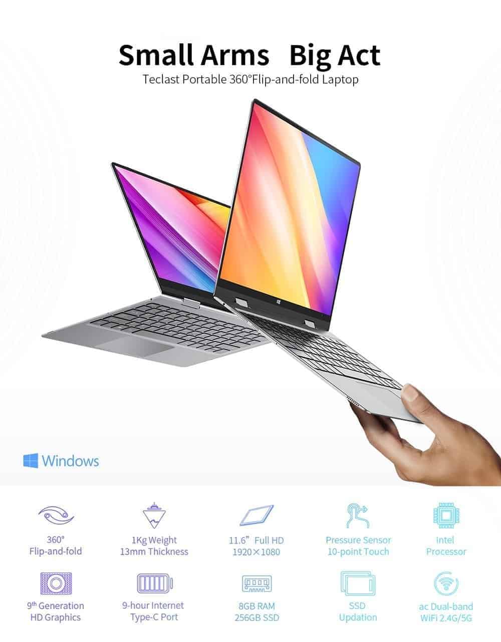 Teclast F5 laptop 11.6 inch notebook 8GB RAM 256GB SSD 360° Rotatable 1920*1080 IPS Camera Wifi Bluetooth touch screen computer