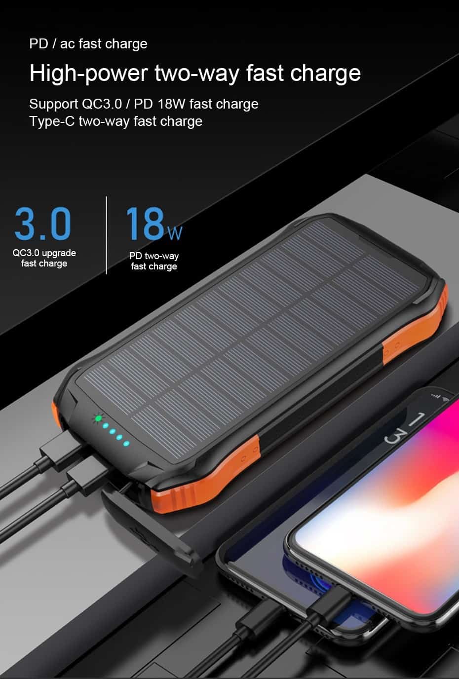 PINZHENG 16000mAh Solar Power Bank PD 3.0 Fast 18W Powerbank Portable External Battery DUAL USB Powerbank Charge Phone Charger