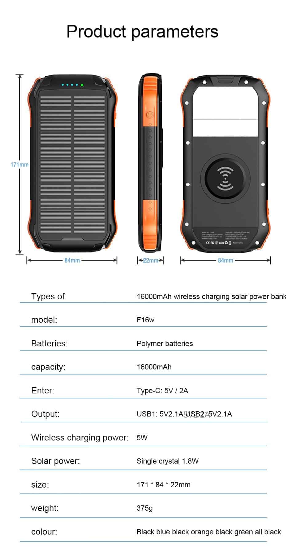 PINZHENG 16000mAh Solar Power Bank PD 3.0 Fast 18W Powerbank Portable External Battery DUAL USB Powerbank Charge Phone Charger