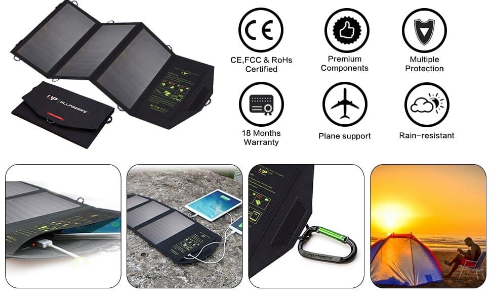 ALLPOWERS Solar Panel Chargers 5V 21W Mobile Phone Dual USB Output Charging for iPhone X 11Pro iPad Huawei Samsung Xiaomi
