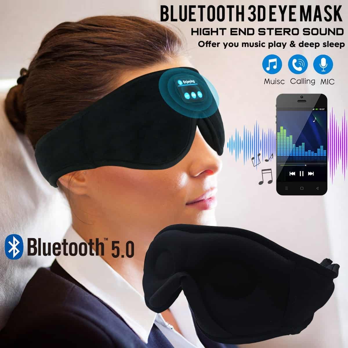 JINSERTA Bluetooth 5.0 3D Wireless Stereo Earphone Phone Headband Sleep Soft Earphones Sleeping Eye Mask Music Headset