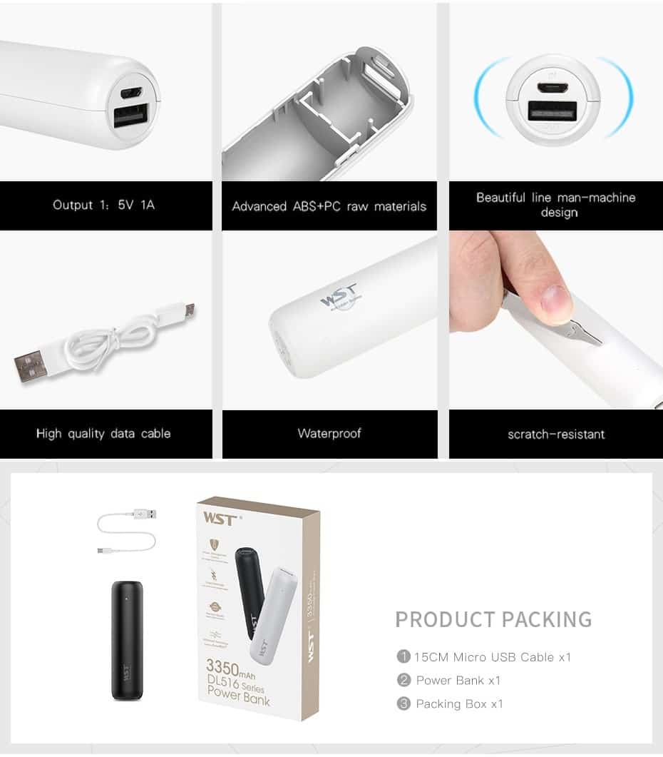 WST 3350mAh Mini Power Bank with USB Port For iPhone Samsung Xiaomi External Battery Portable Phone Charger Fast Charging