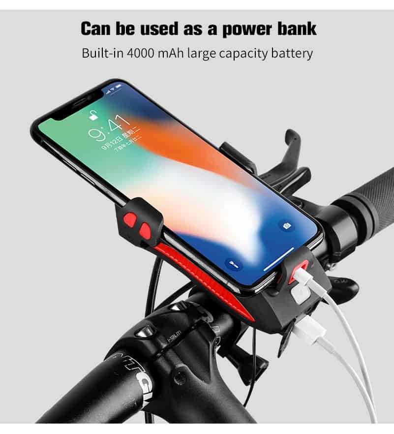 WEST BIKING 4 in 1 Bicycle Light Flashlight Bike Horn Alarm Bell Phone Holder Power Bank Bike Accessories Cycling Front Light