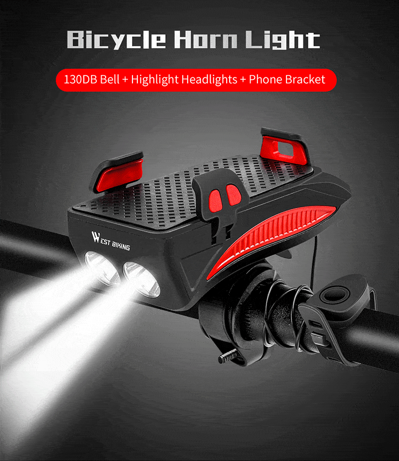 WEST BIKING 4 in 1 Bicycle Light Flashlight Bike Horn Alarm Bell Phone Holder Power Bank Bike Accessories Cycling Front Light