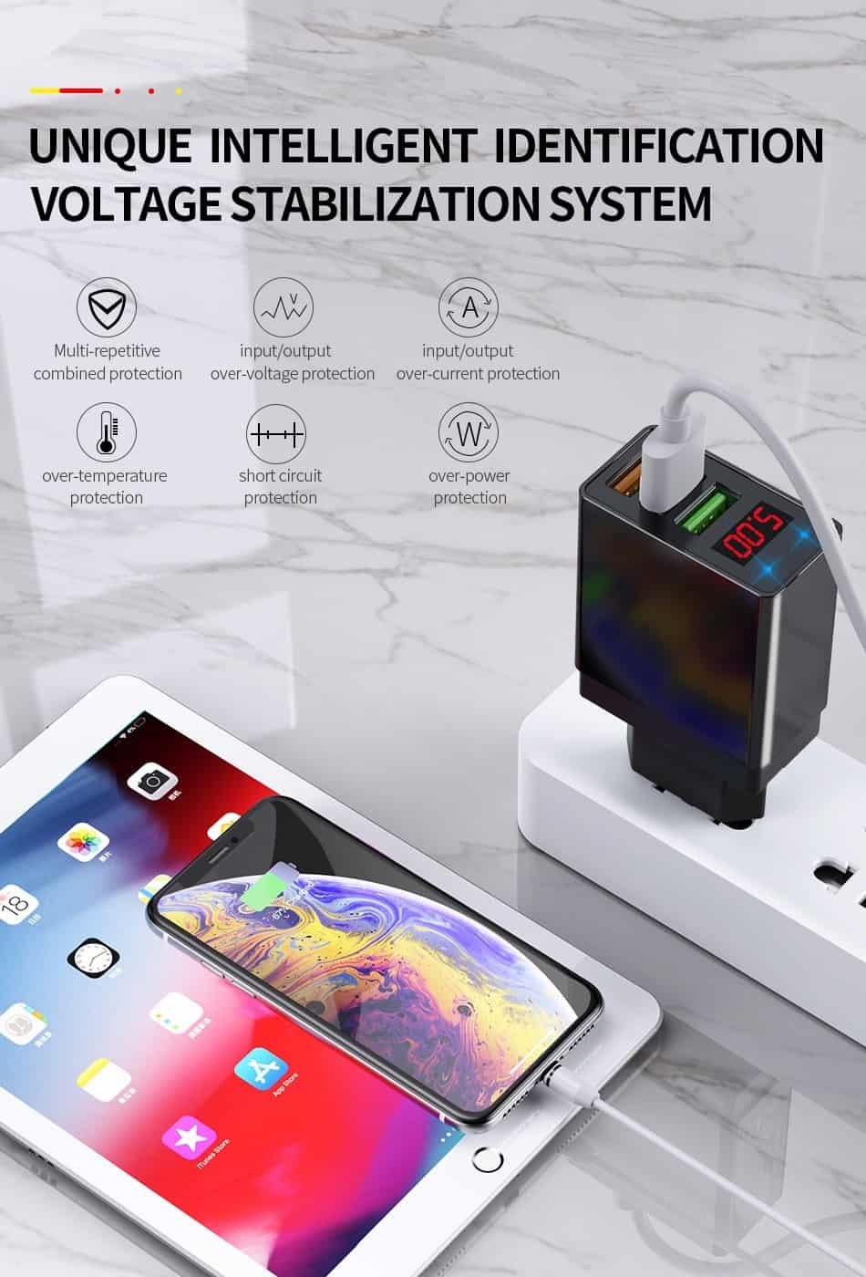 Elough Quick charge 3.0 USB Charger for iPhone 11 7 Xiaomi Samsung Huawei 5V 3A Digital Display Fast Charging Wall Phone Charger
