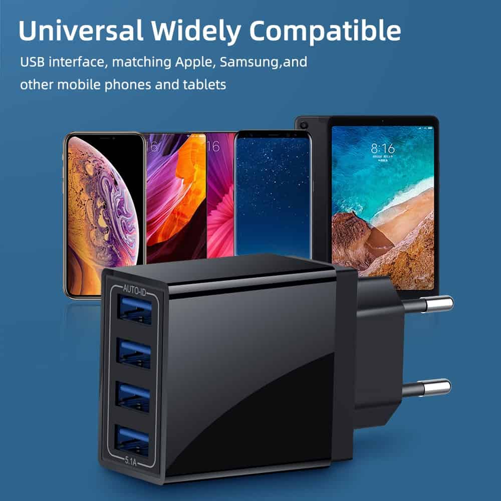 Universal 4 USB Travel Mobile Phone Charger Adapter for iPhone Samsung 5V 5.1A Smart SmartPhone USB Fast chargers Charging Head