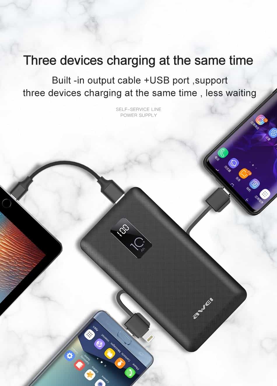 Awei Power Bank 10000mAh LED Display Portable Charger Quick External Battery Built in 3 Cables Lightning Type C Micro for Phone