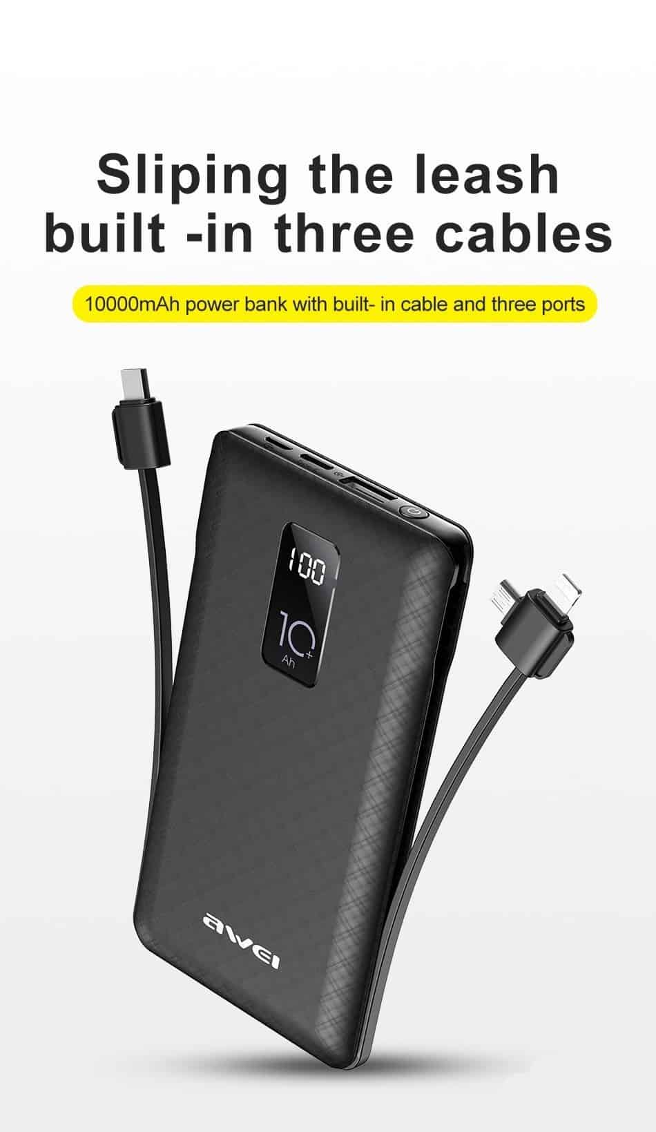 Awei Power Bank 10000mAh LED Display Portable Charger Quick External Battery Built in 3 Cables Lightning Type C Micro for Phone