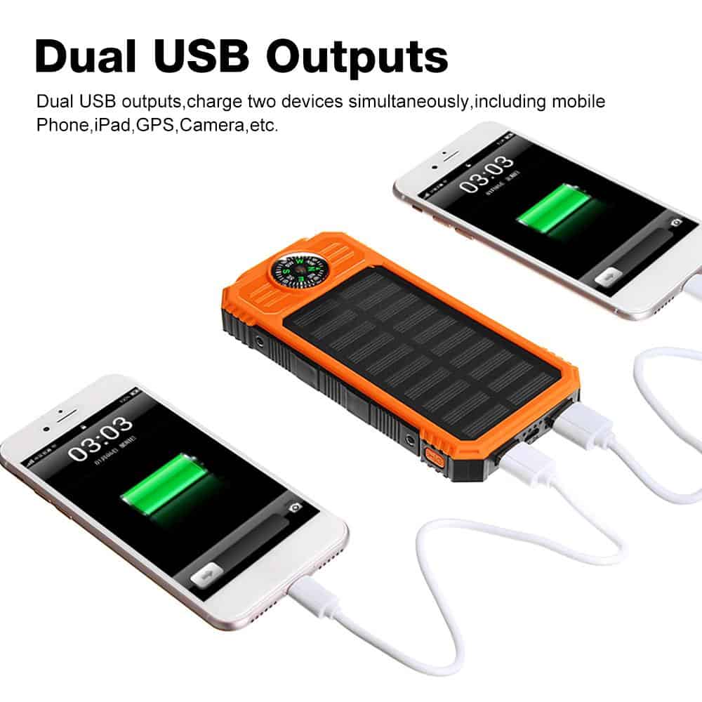 30000mah Solar Power Bank Waterproof Solar Charger 2 Usb Ports Travel External Charger Powerbank With Compasses LED Light