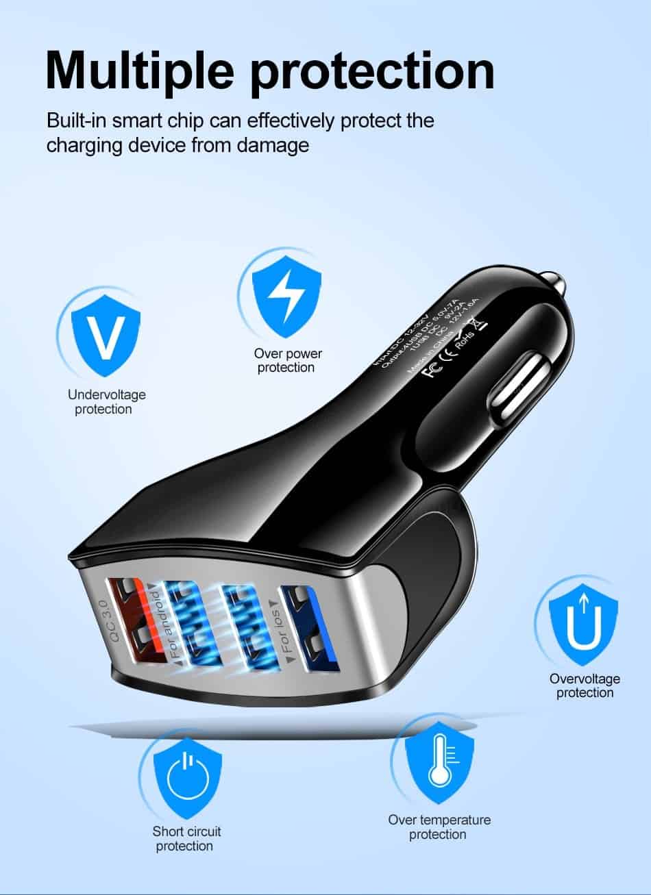 Car Charger Quick Charge 3.0 4 Ports Fast charging QC3.0 Car phone Charger For Samsung Xiaomi iPhone Car Mobile phone Charger