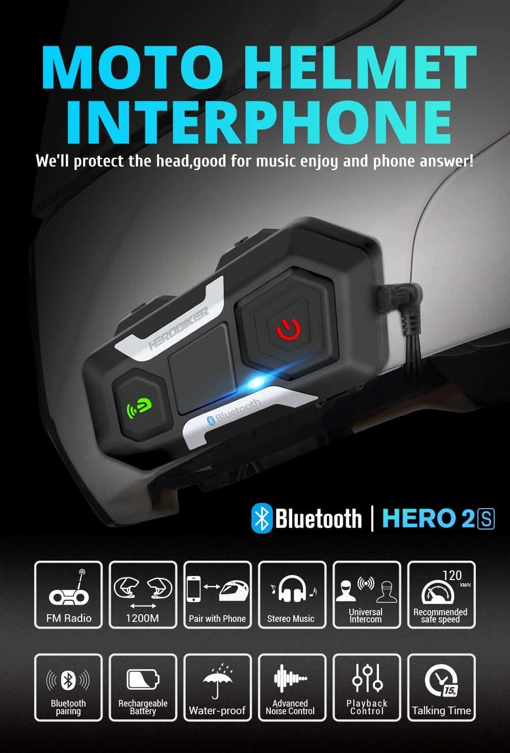 HEROBIKER 1200M Bluetooth Intercom Motorcycle Helmet Interphone Headset Waterproof Wireless Bluetooth Moto Headset Interphone