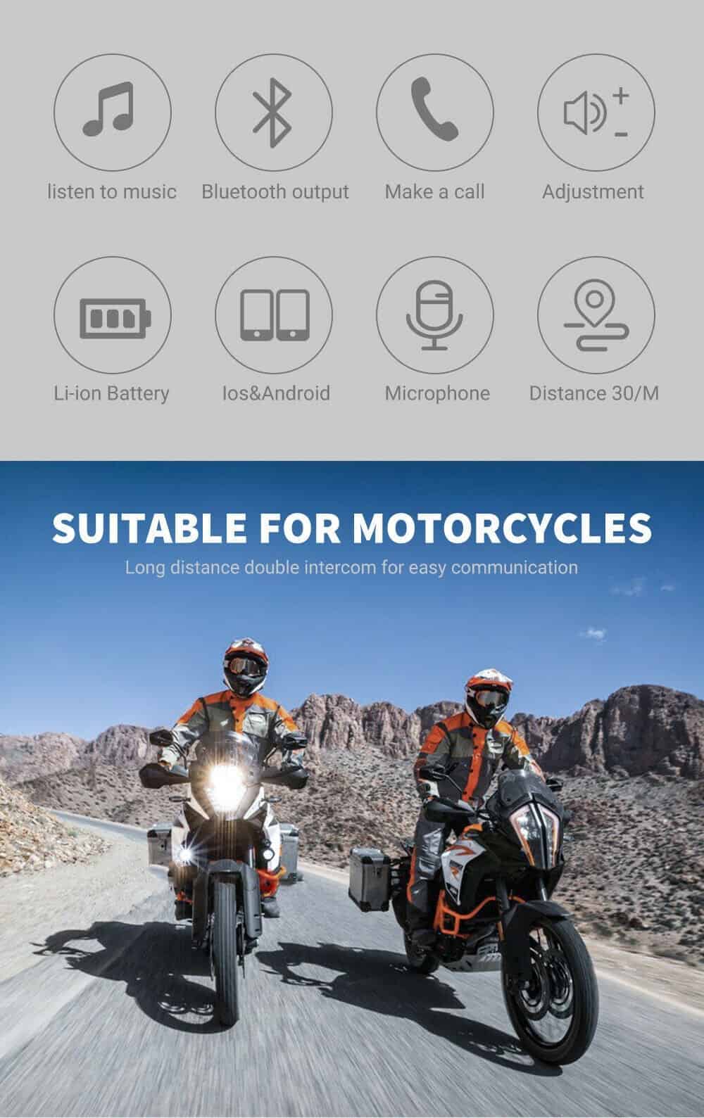 BT-12 Anti-interference Bluetooth Motorcycle Helmet Headset, Wireless Headphone Speaker,Hands-Free Intercom Motorbike Headphone