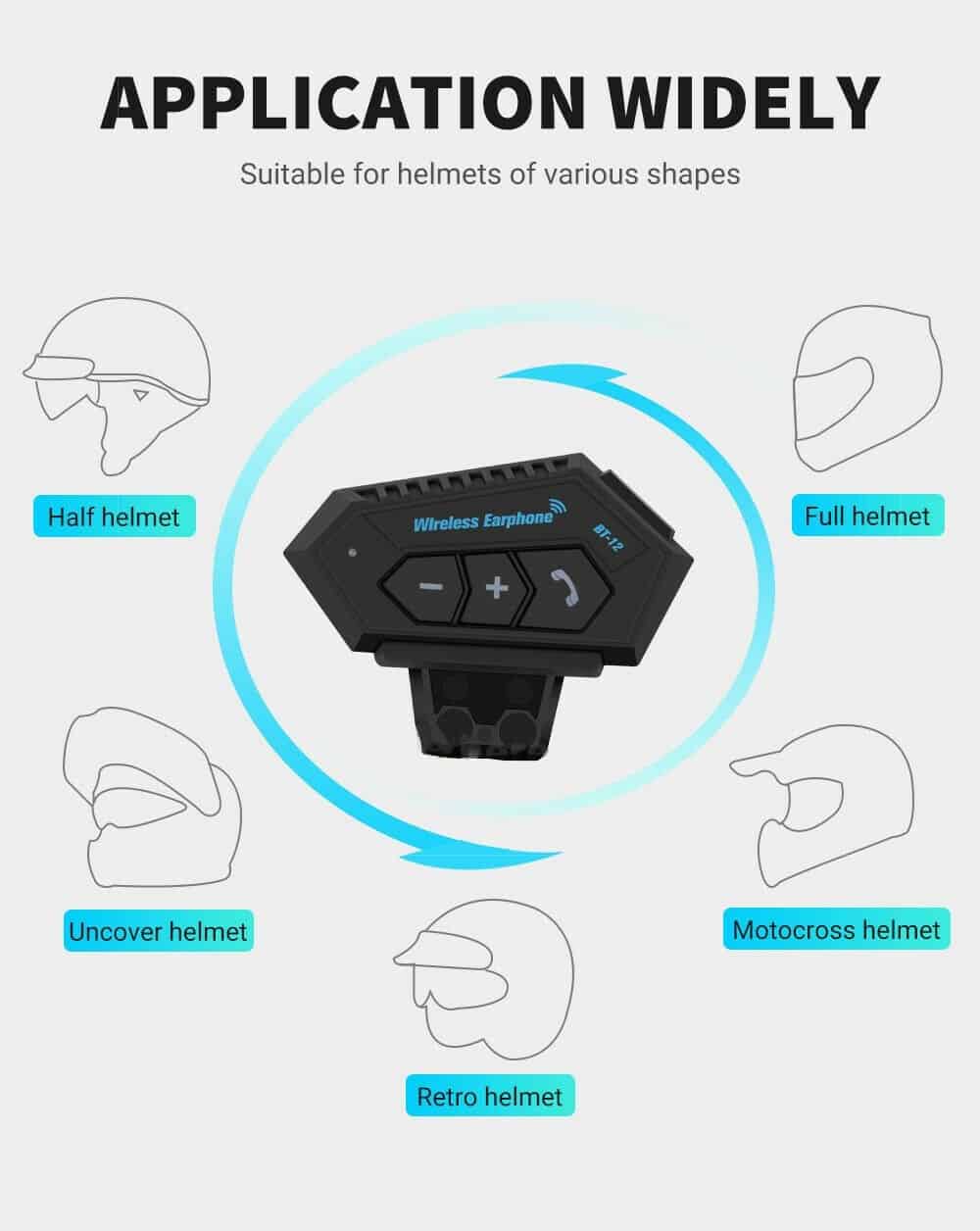 BT-12 Anti-interference Bluetooth Motorcycle Helmet Headset, Wireless Headphone Speaker,Hands-Free Intercom Motorbike Headphone
