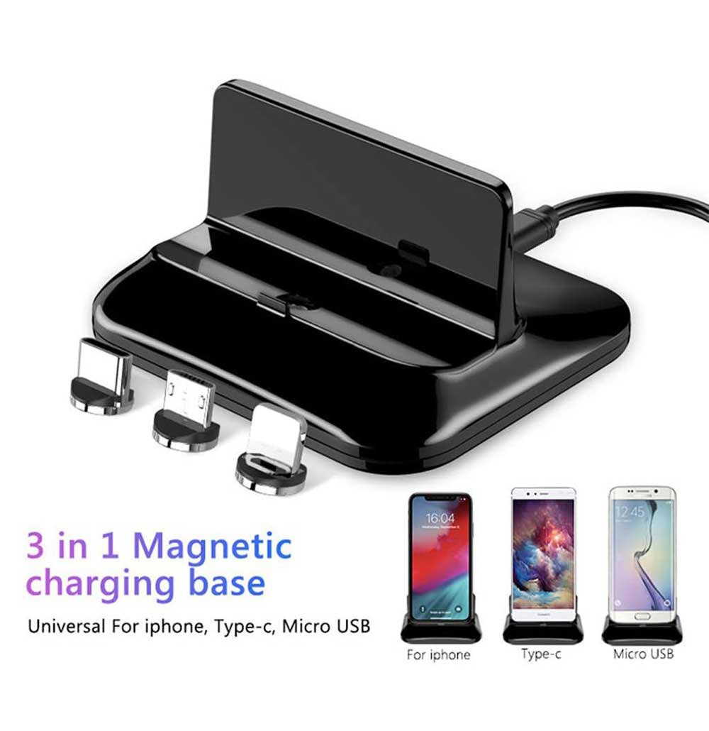 3 in 1 Magnetic Dock Charging Station with 3 Removable Connector Desktop Charger Stand Base for iOS Android Phone Type C Devices