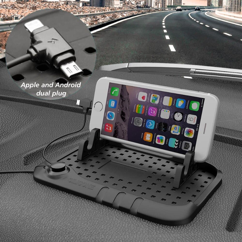 Yianerm Anti- slip Silicone Pad Holder For Phone in Car 3 in 1 Pulg For iPhone Android Type-C Magnetic Charging Cable Car Stand