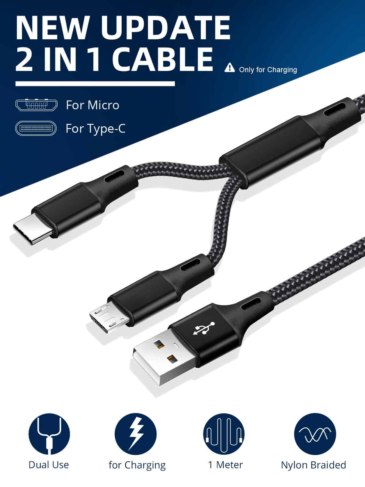 FONKEN 2 in 1 Micro USB Cable Type C Cables Fast Charge Charger Cable Tablet Phone Charge Cord 2in1 Nylon Braided Android Wires