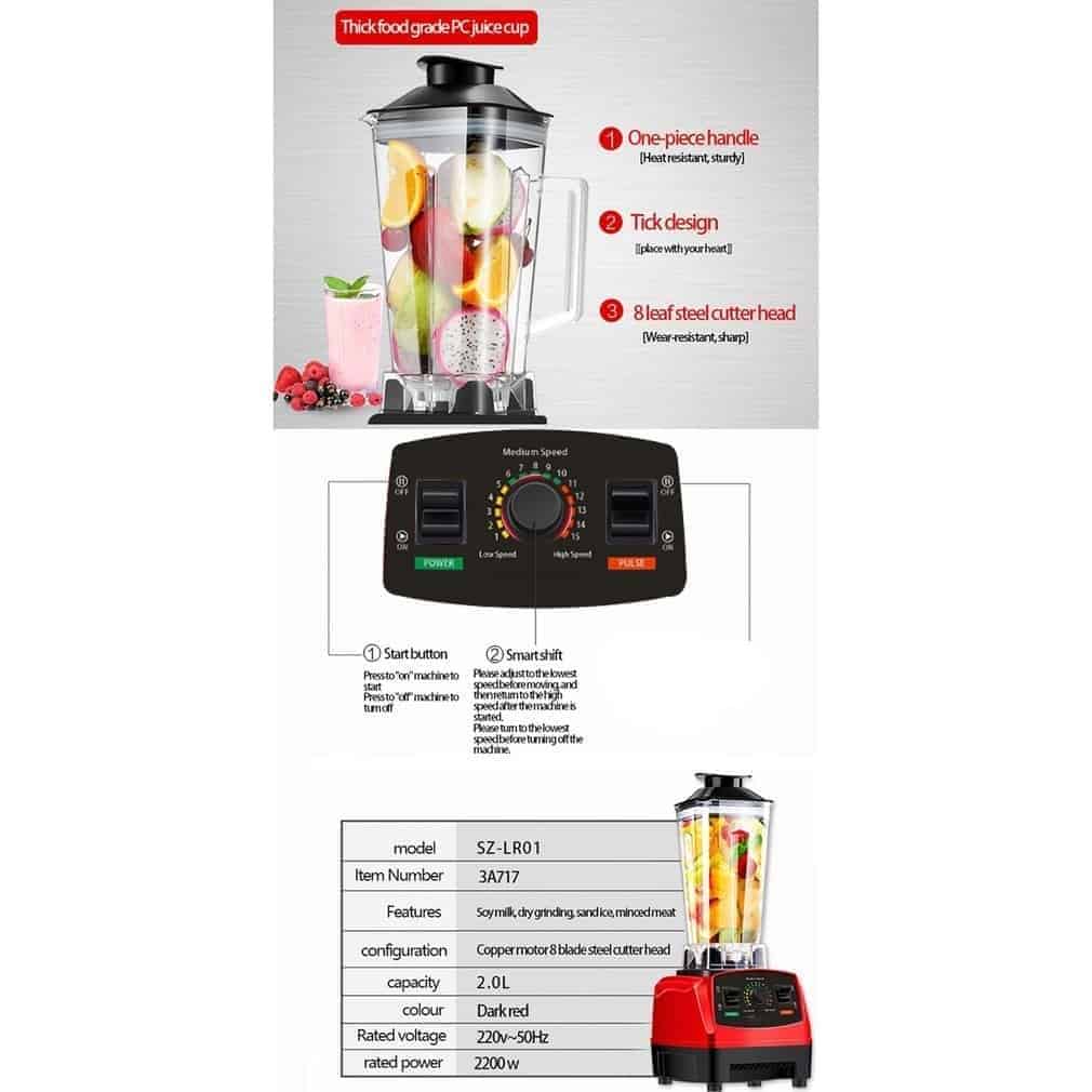 2200W High Speed Blender Mixer with 8 Blade Fruit Juicer Food Processor Ice Crusher Smoothie Machine 2.0L