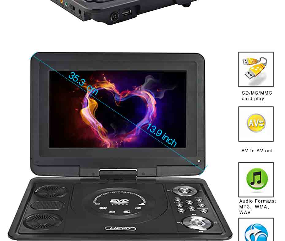 TRANSCTEGO DVD Player Portable Car TV 13.9 Inch Big players LCD Screen For Game FM DVD VCD CD MP3 MP4 with Gamepad TV Antenna