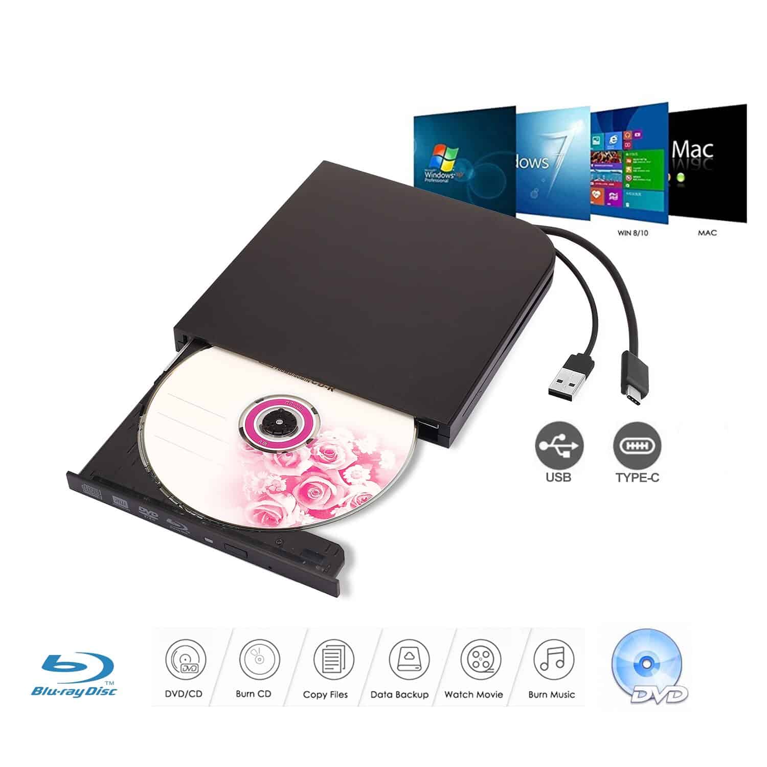 External Blu-Ray DVD Drive Burner Player USB3.0 Type-C DVD-RW VCD CD RW Burner Support BD-ROM BD-R CD-ROM CD-R DVD-ROW DVD-R