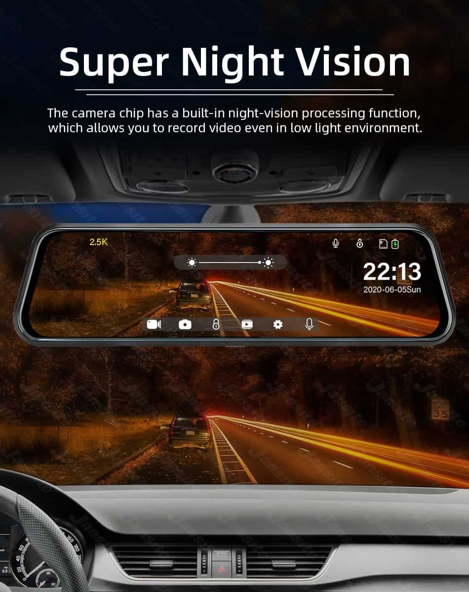 Jansite 10 inches 2.5K Car DVR Touch Screen Stream Media Dual Lens Video Recorder Rearview mirror Dash cam Front and Rear camera