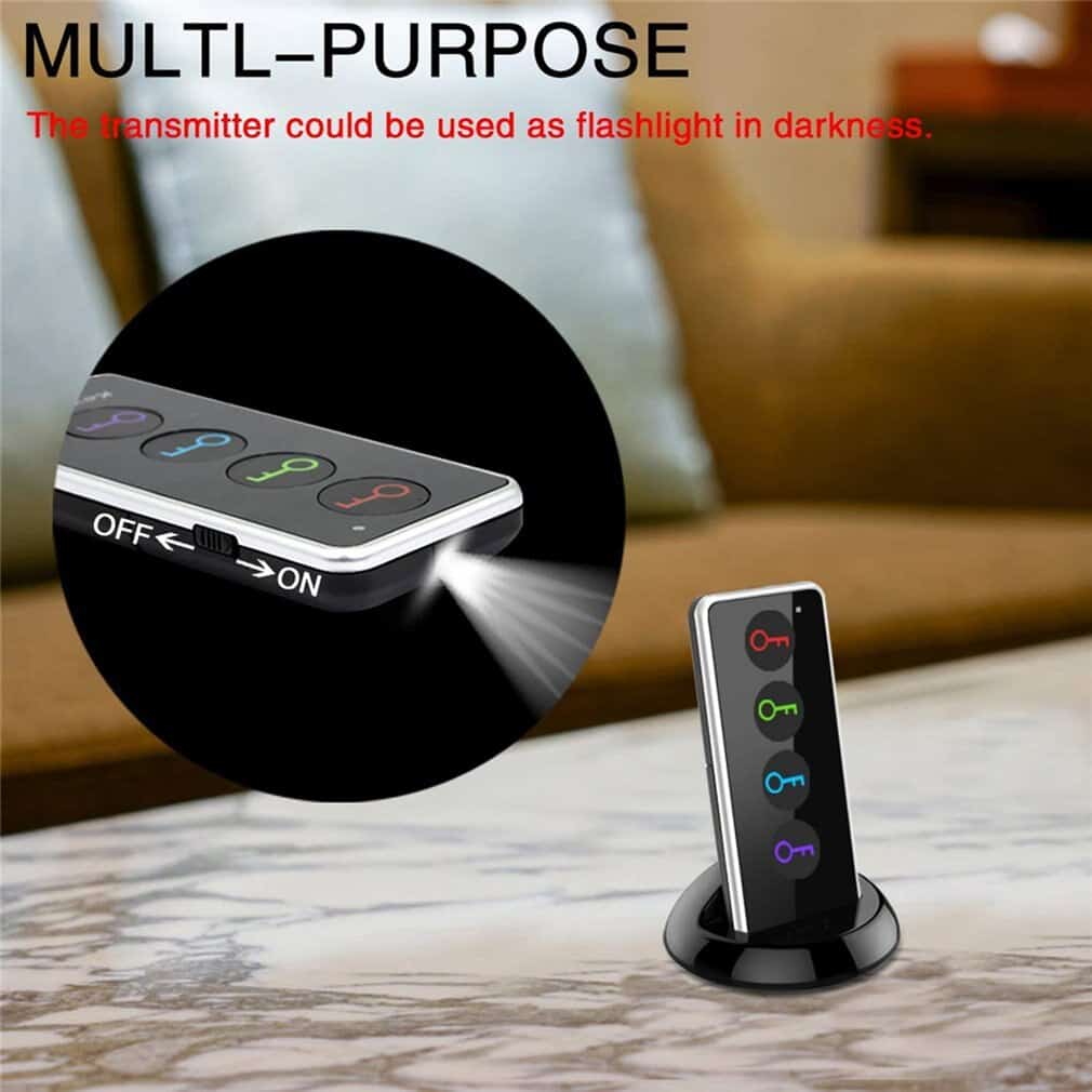 4 in 1 Advanced Wireless Key Finder Remote Key Locator Phone Wallets Anti-Lost with Torch function 4 receivers and 1 dock