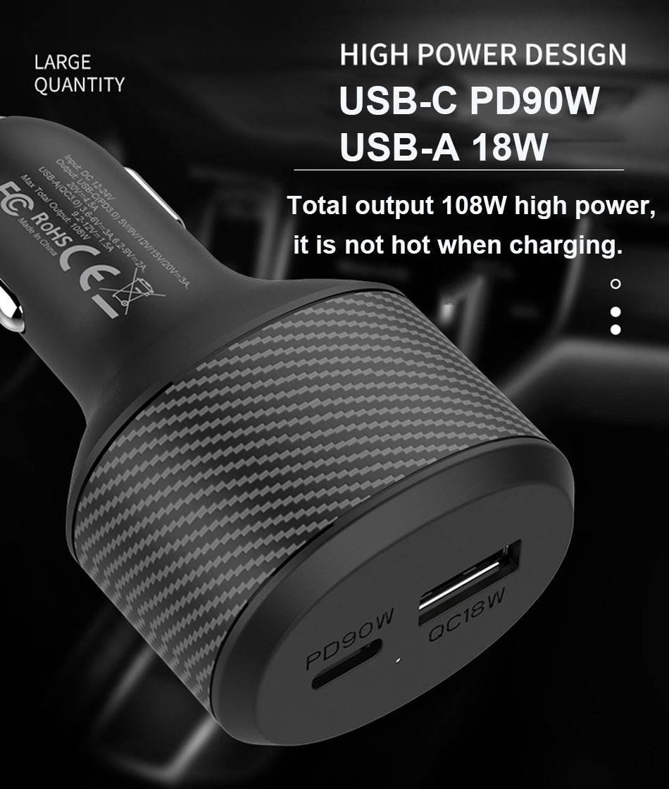 108W/84W Car Charger, USB C PD 90W/65W/60W/45W/30W/20W, USB QC3.0 For Type-C Laptops iPhone12/11/SE Xiaomi Samsung XPS 13/15/17