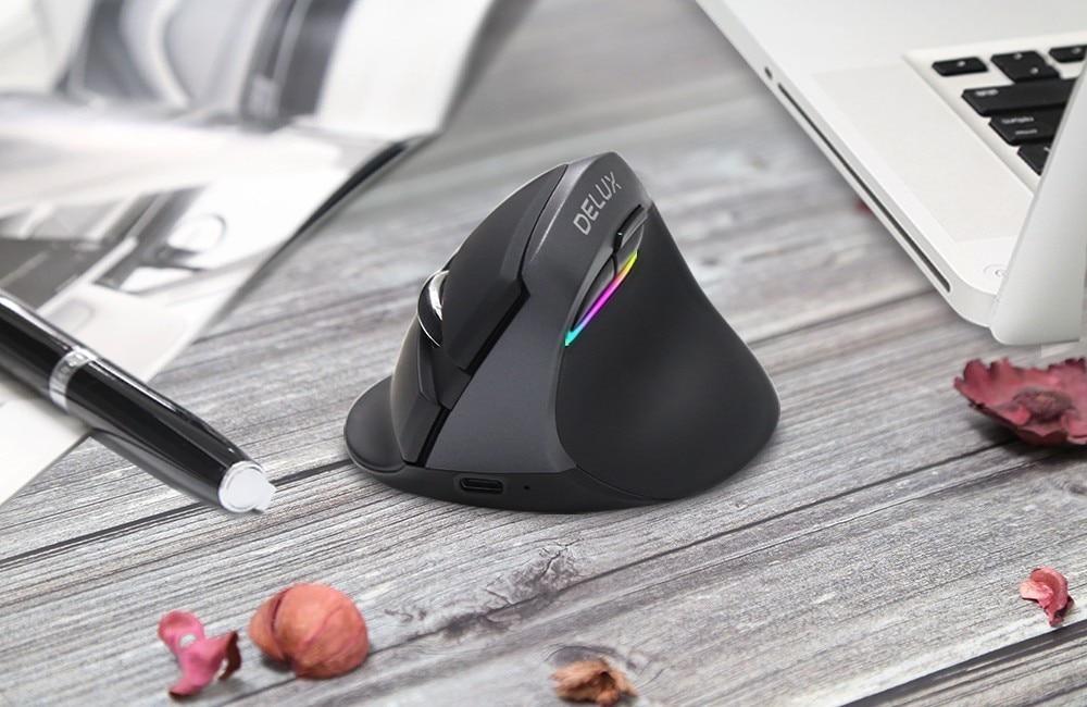 Delux M618 Mini Bluetooth+USB Wireless Mouse Silent Click RGB Ergonomic Rechargeable Vertical Computer Mice for Small hand Users