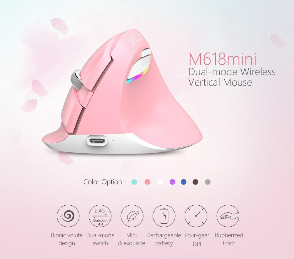 Delux M618 Mini Bluetooth+USB Wireless Mouse Silent Click RGB Ergonomic Rechargeable Vertical Computer Mice for Small hand Users
