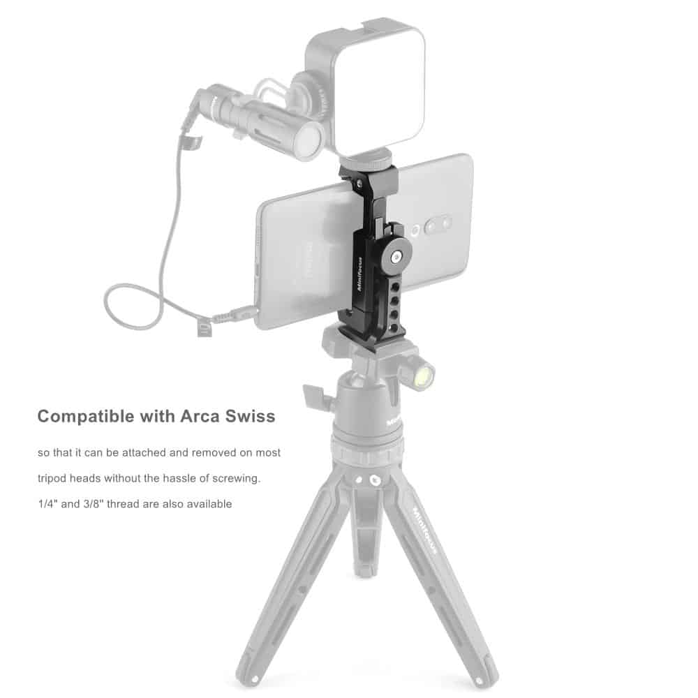 Smartphone Tripod Mount Adapter Universal Phone Clip Holder 360 Rotation Mobile Clamp with Cold Shoe Mount for Arca-Type Plate