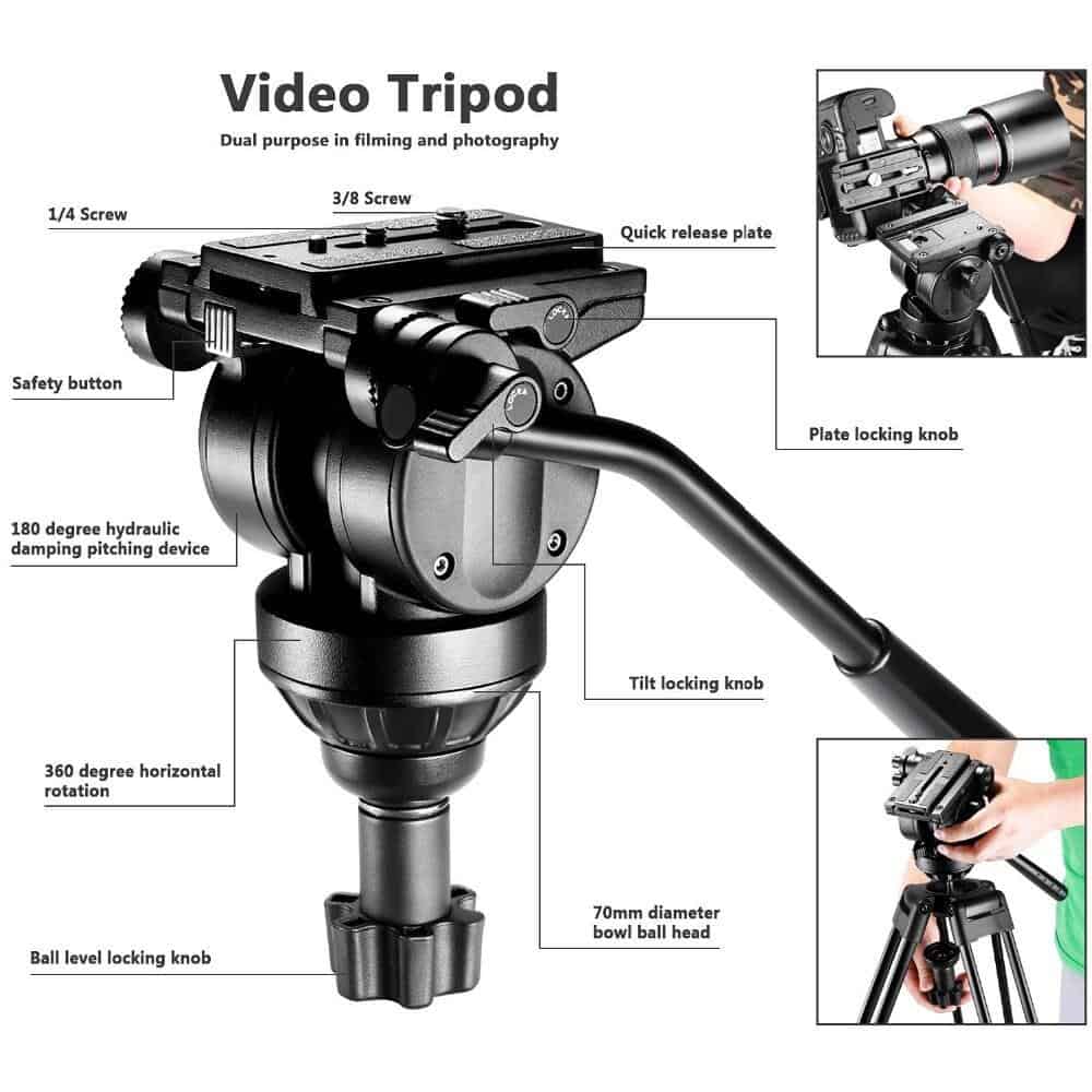Neewer Professional 61 inches/155 cm Aluminum Alloy Video Camera Tripod 360 Degree Fluid Drag Head 1/4+3/8-inch Quick Release
