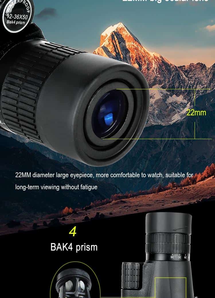 Borwolf 12-36X50 Monocular HD Light Night Vision Bak4 PrismTelescope with Phone Clip Tripod Waterproof Binoculars for hunting