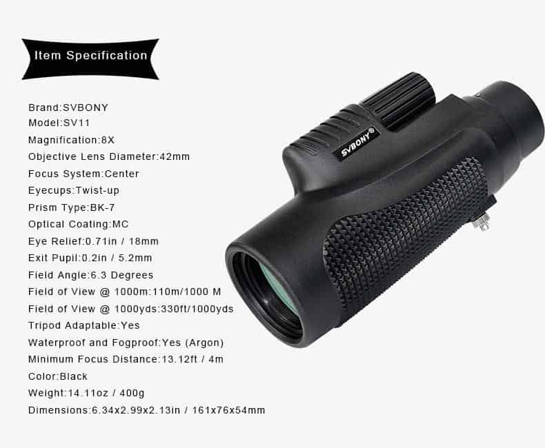 SVBONY Monocular 8x42 Hand Focus Telescope Glass Lenses BK7 Prism for Hunting Hiking Birdwatching Waterproof Binoculars F9116AB