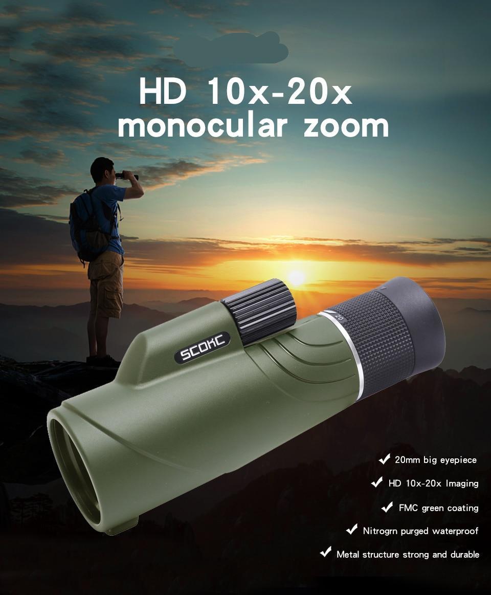 SCOKC Zoom Monocular 10-20x50 Bak4 Prism Powerful Telescope Monocular Waterproof Hunting Goods for Camping