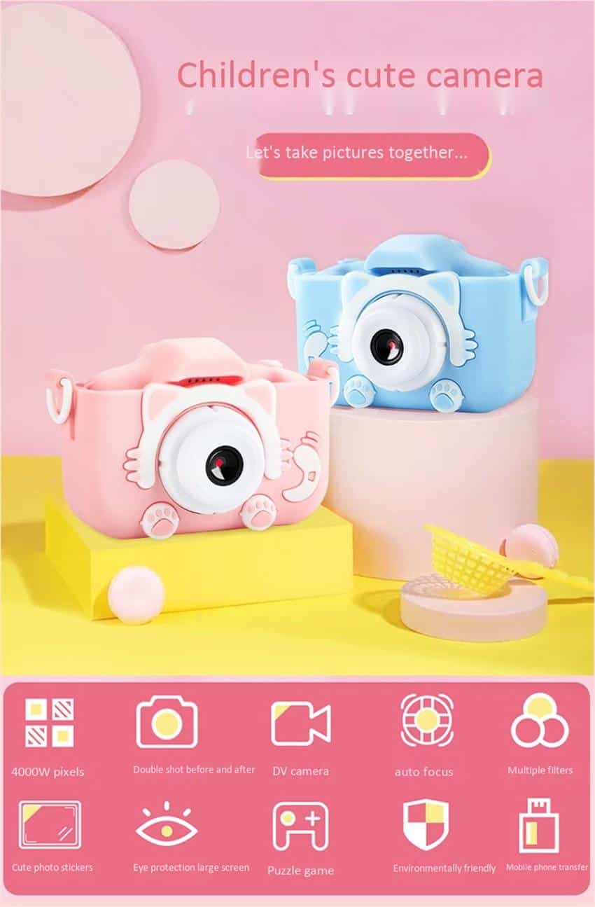 Kids Cameras With Cute Cat Protective Shell Mini Digital HD IPS Screen Toys For Girls Children Boys Birthday Gifts Video Camera