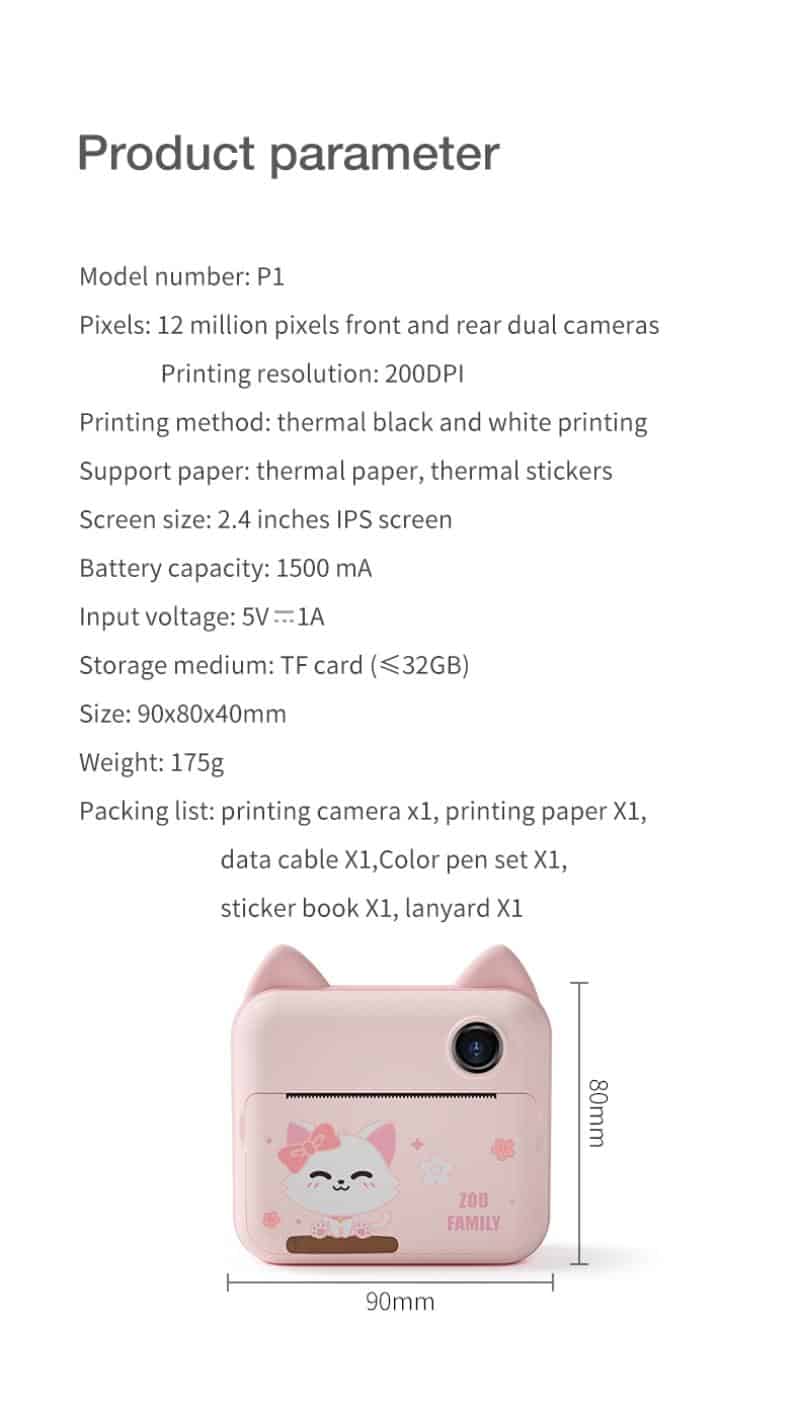 Children Instant Print Camera 2.4 Inch IPS Screen For Kids Birthday Gift 1080P HD Video Photo Digital Camera With 32GB Card